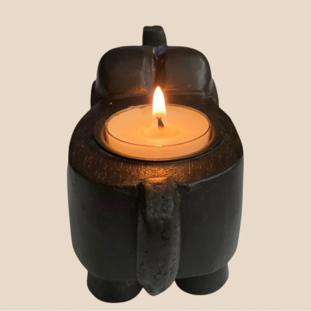 Vintage Black Elephant Tea Light Candle Holder Carved Wood Figurine 7